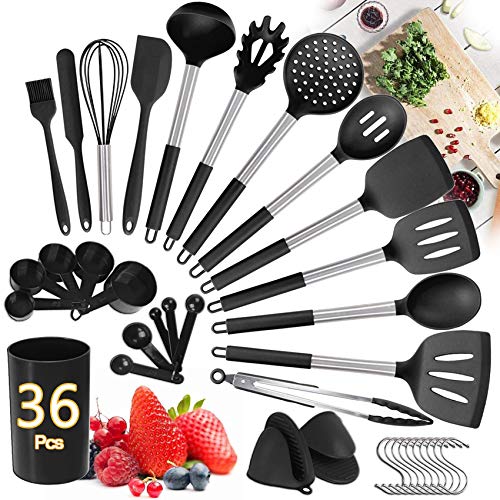 BTOYM Kitchen Cooking Utensils Set 36 pcs Silicone Non-stick Cooking spatula set Kitchen Gadgets Heat Resistant Utensil Set Cookware Black