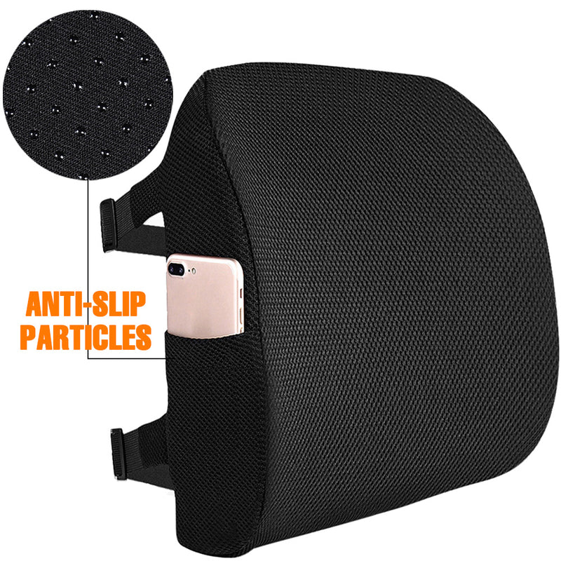 Lumbar Pillow Memory Foam Back Support Cushion with Anti-Slip Particles Designed for Lower Back Pain Relief Back Pillow 2 Adjustable Straps for Computer/Office Chair,Car Seat,Recliner(Black)