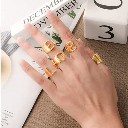 BTOYM Personalized 24K Gold Initial Ring for Women Men Stackable Letter Rings Statement Open Gold Rings for Girl Alphabet Bold Letter A to Z Resizable Knuckle Ring (with Gift Box)