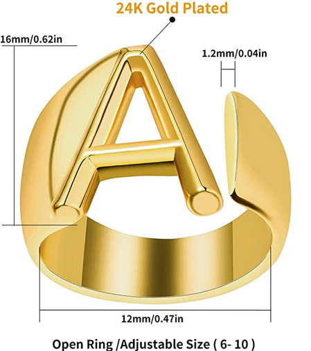 BTOYM Personalized 24K Gold Initial Ring for Women Men Stackable Letter Rings Statement Open Gold Rings for Girl Alphabet Bold Letter A to Z Resizable Knuckle Ring (with Gift Box)