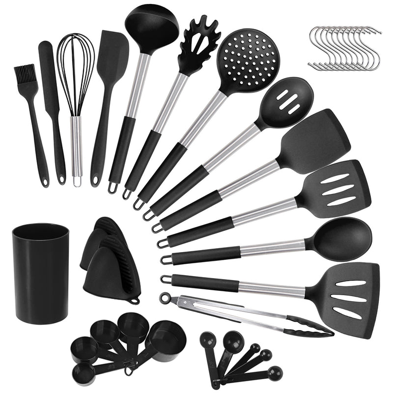 BTOYM Kitchen Cooking Utensils Set 36 pcs Silicone Non-stick Cooking spatula set Kitchen Gadgets Heat Resistant Utensil Set Cookware Black